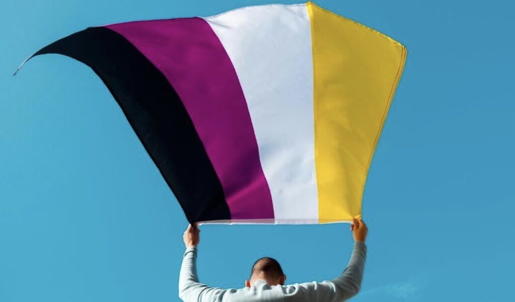 Person holding a nonbinary flag over the head with stripes in yellow, white, purple, and black